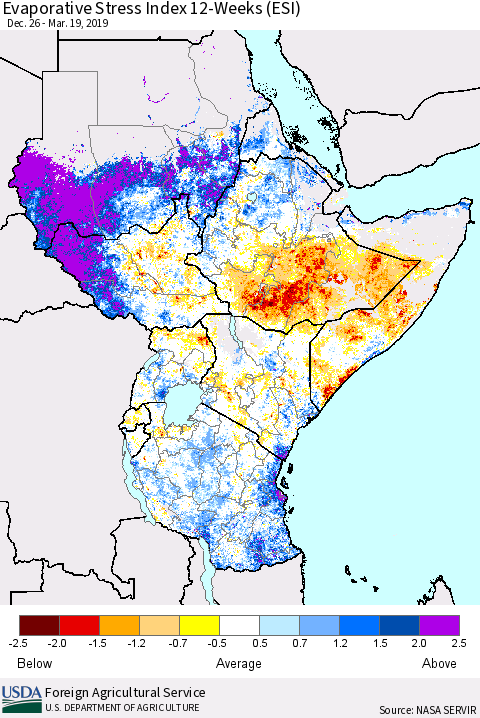 Eastern Africa Evaporative Stress Index (ESI), 12-Weeks Thematic Map For 3/18/2019 - 3/24/2019