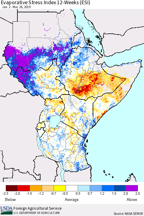 Eastern Africa Evaporative Stress Index (ESI), 12-Weeks Thematic Map For 3/25/2019 - 3/31/2019