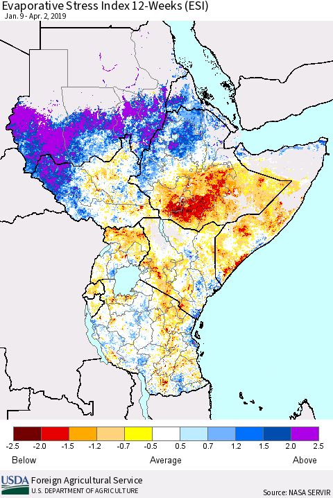 Eastern Africa Evaporative Stress Index (ESI), 12-Weeks Thematic Map For 4/1/2019 - 4/7/2019