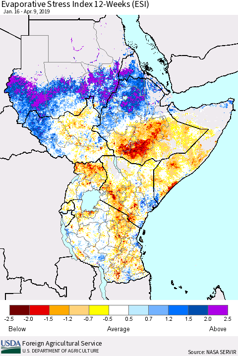 Eastern Africa Evaporative Stress Index (ESI), 12-Weeks Thematic Map For 4/8/2019 - 4/14/2019