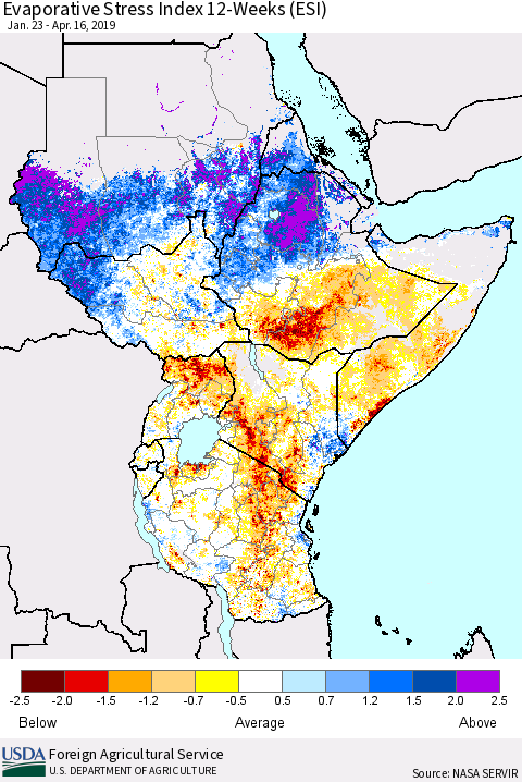Eastern Africa Evaporative Stress Index (ESI), 12-Weeks Thematic Map For 4/15/2019 - 4/21/2019