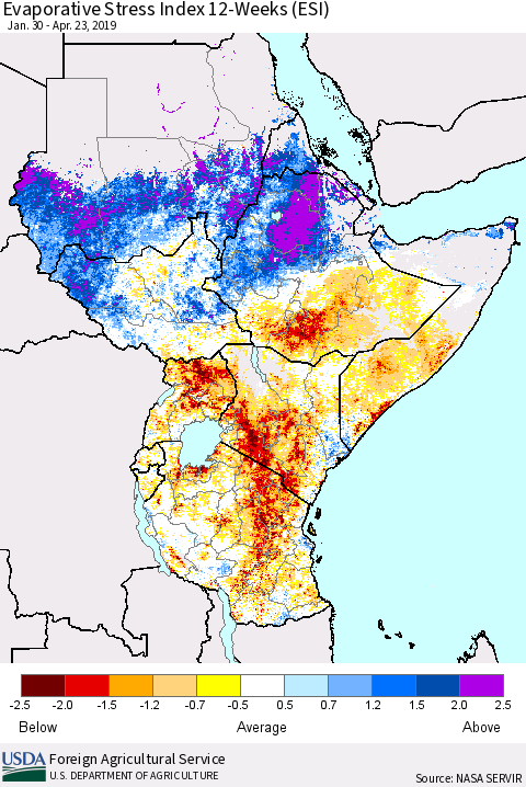 Eastern Africa Evaporative Stress Index (ESI), 12-Weeks Thematic Map For 4/22/2019 - 4/28/2019