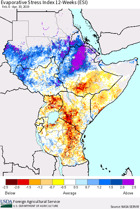 Eastern Africa Evaporative Stress Index (ESI), 12-Weeks Thematic Map For 4/29/2019 - 5/5/2019