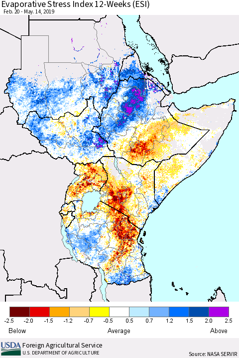 Eastern Africa Evaporative Stress Index (ESI), 12-Weeks Thematic Map For 5/13/2019 - 5/19/2019