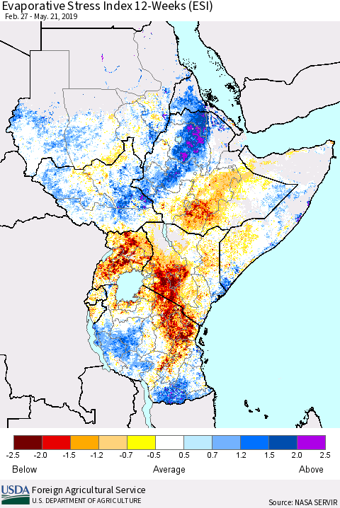 Eastern Africa Evaporative Stress Index (ESI), 12-Weeks Thematic Map For 5/20/2019 - 5/26/2019