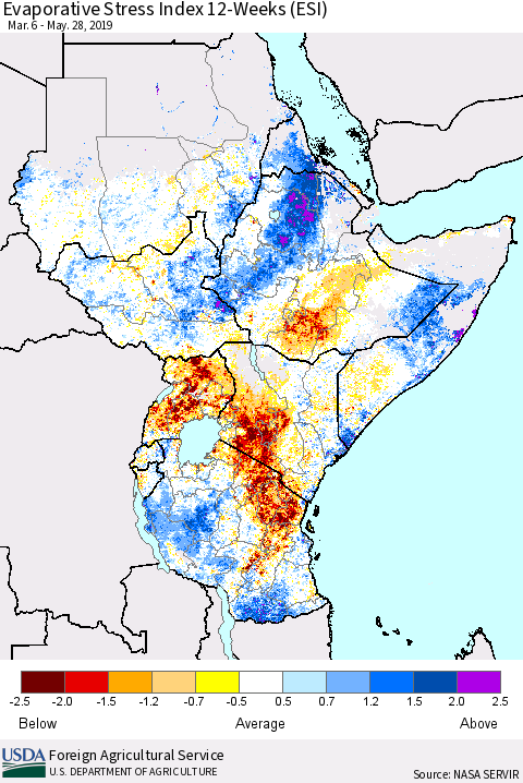 Eastern Africa Evaporative Stress Index (ESI), 12-Weeks Thematic Map For 5/27/2019 - 6/2/2019
