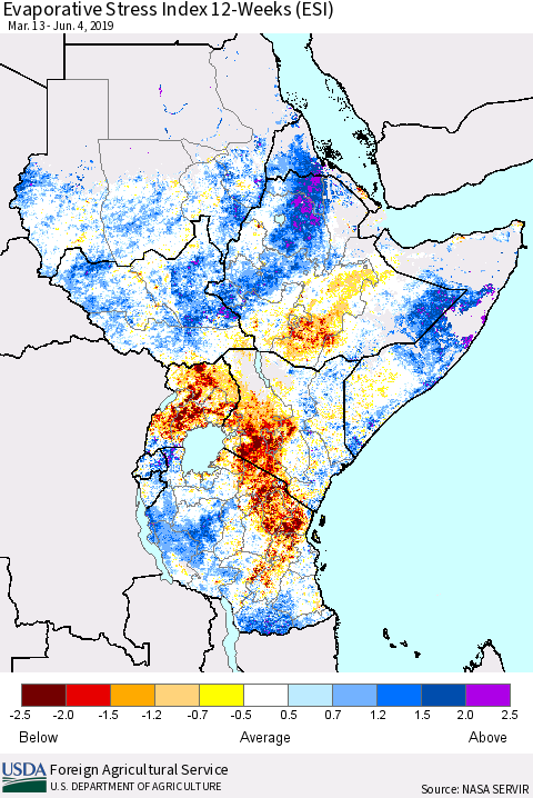 Eastern Africa Evaporative Stress Index (ESI), 12-Weeks Thematic Map For 6/3/2019 - 6/9/2019