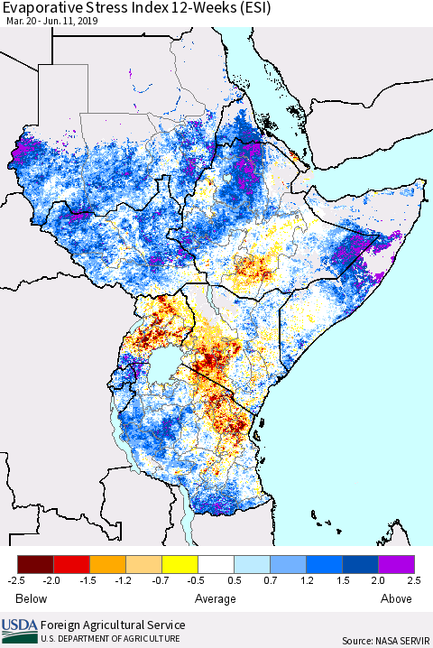 Eastern Africa Evaporative Stress Index (ESI), 12-Weeks Thematic Map For 6/10/2019 - 6/16/2019