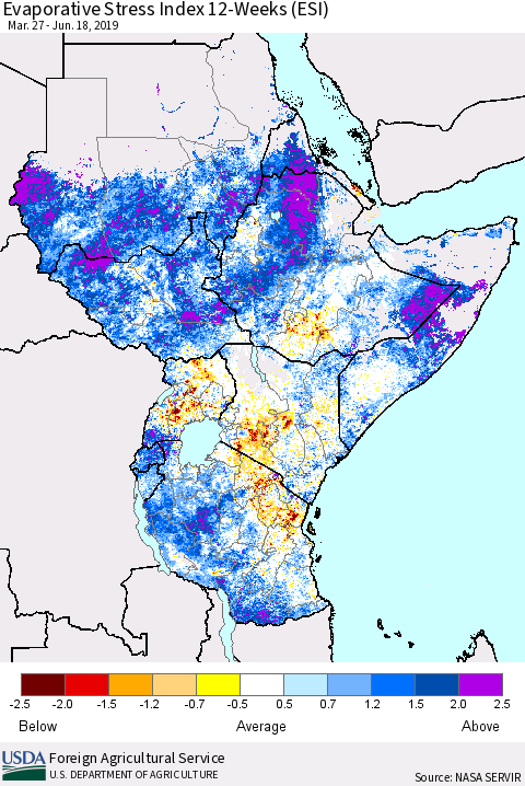 Eastern Africa Evaporative Stress Index (ESI), 12-Weeks Thematic Map For 6/17/2019 - 6/23/2019
