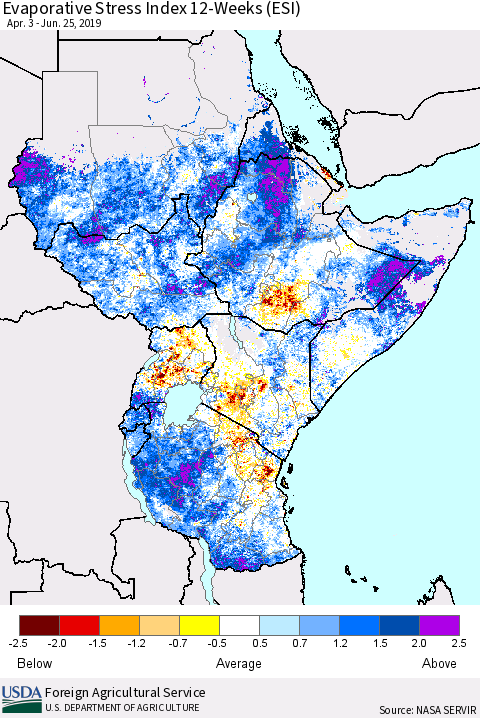 Eastern Africa Evaporative Stress Index (ESI), 12-Weeks Thematic Map For 6/24/2019 - 6/30/2019