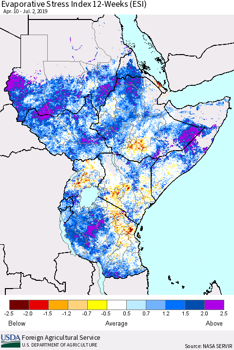 Eastern Africa Evaporative Stress Index (ESI), 12-Weeks Thematic Map For 7/1/2019 - 7/7/2019