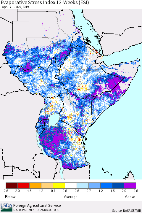 Eastern Africa Evaporative Stress Index (ESI), 12-Weeks Thematic Map For 7/8/2019 - 7/14/2019
