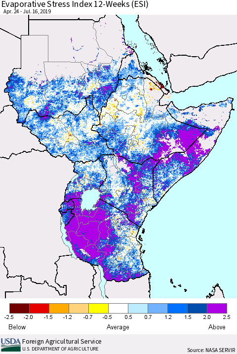 Eastern Africa Evaporative Stress Index (ESI), 12-Weeks Thematic Map For 7/15/2019 - 7/21/2019