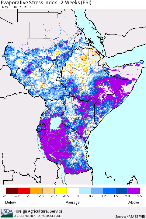 Eastern Africa Evaporative Stress Index (ESI), 12-Weeks Thematic Map For 7/22/2019 - 7/28/2019