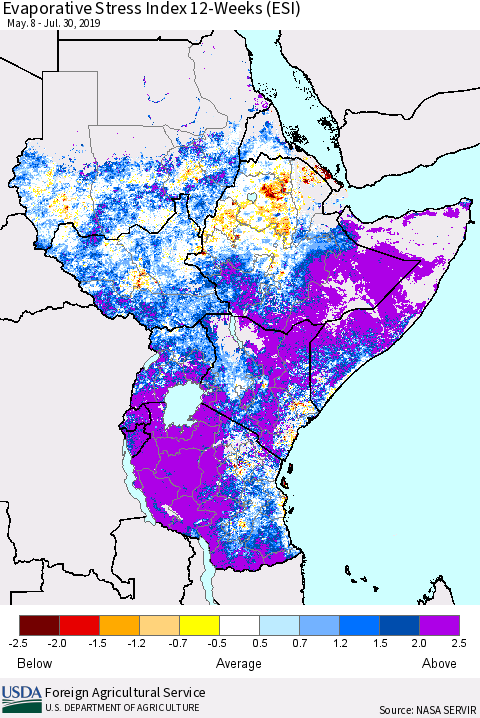 Eastern Africa Evaporative Stress Index (ESI), 12-Weeks Thematic Map For 7/29/2019 - 8/4/2019