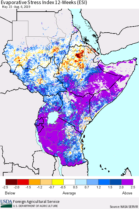 Eastern Africa Evaporative Stress Index (ESI), 12-Weeks Thematic Map For 8/5/2019 - 8/11/2019