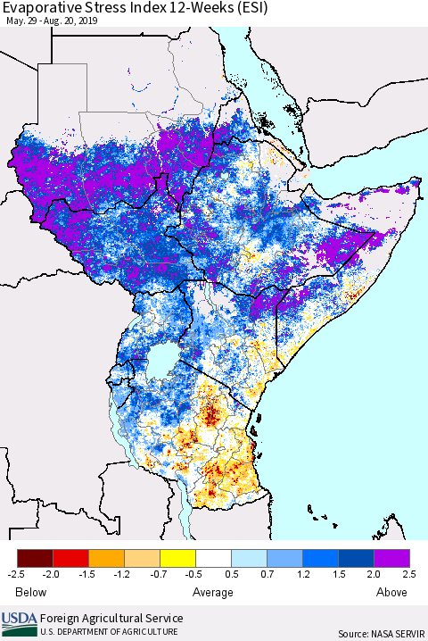 Eastern Africa Evaporative Stress Index (ESI), 12-Weeks Thematic Map For 8/19/2019 - 8/25/2019