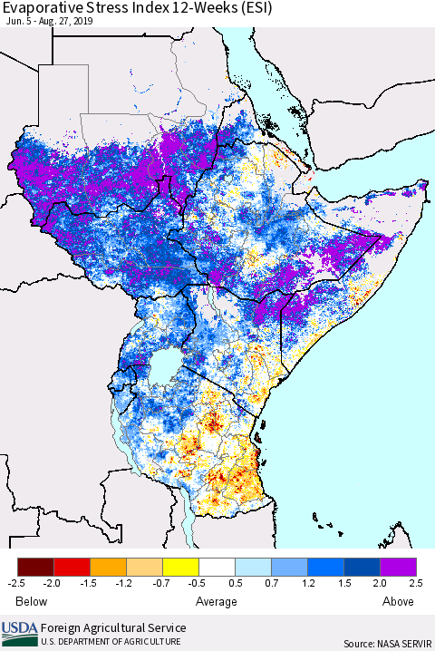 Eastern Africa Evaporative Stress Index (ESI), 12-Weeks Thematic Map For 8/26/2019 - 9/1/2019