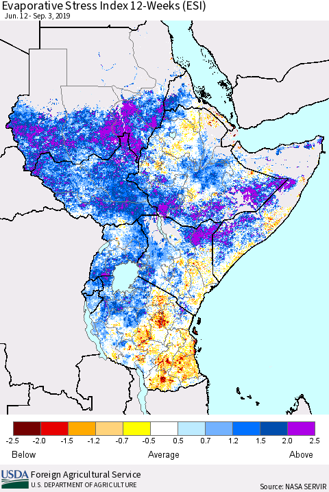 Eastern Africa Evaporative Stress Index (ESI), 12-Weeks Thematic Map For 9/2/2019 - 9/8/2019