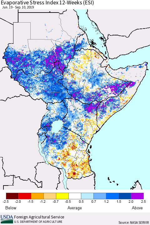 Eastern Africa Evaporative Stress Index (ESI), 12-Weeks Thematic Map For 9/9/2019 - 9/15/2019