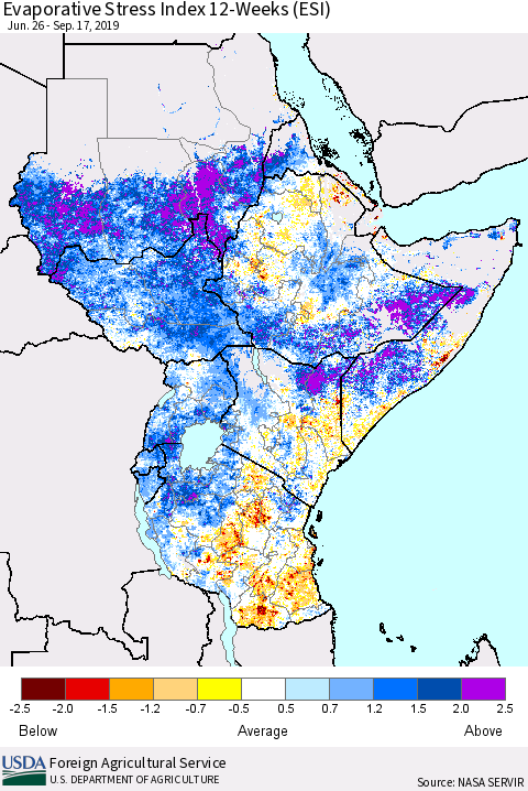 Eastern Africa Evaporative Stress Index (ESI), 12-Weeks Thematic Map For 9/16/2019 - 9/22/2019