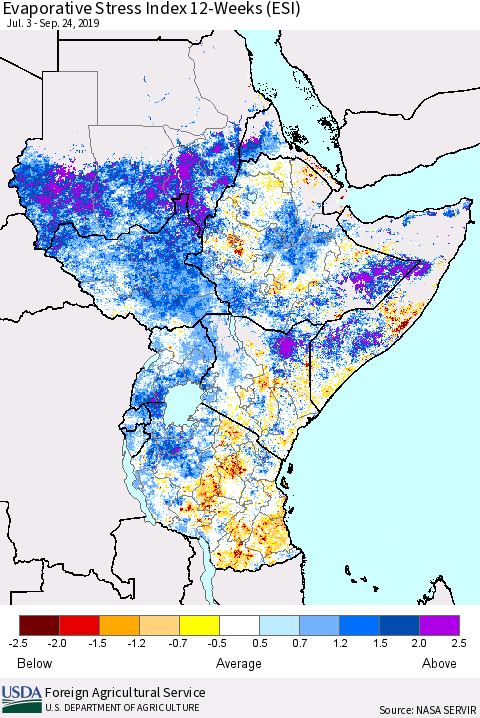 Eastern Africa Evaporative Stress Index (ESI), 12-Weeks Thematic Map For 9/23/2019 - 9/29/2019