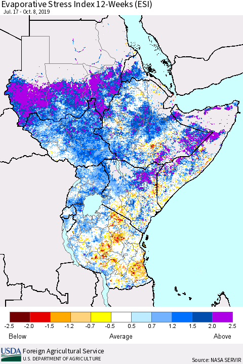 Eastern Africa Evaporative Stress Index (ESI), 12-Weeks Thematic Map For 10/7/2019 - 10/13/2019