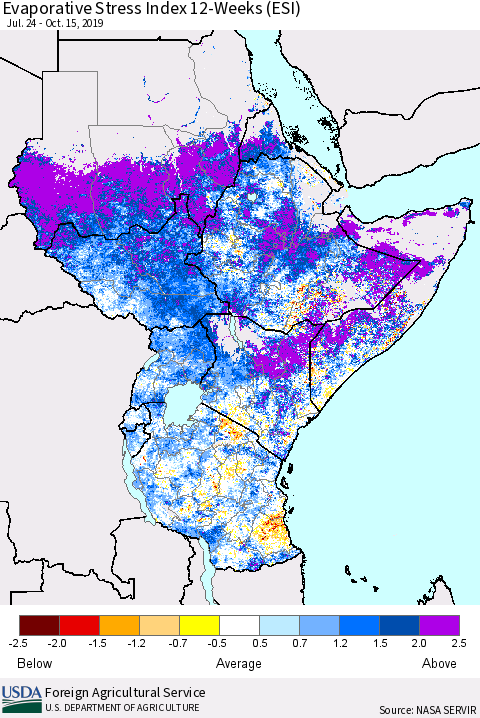 Eastern Africa Evaporative Stress Index (ESI), 12-Weeks Thematic Map For 10/14/2019 - 10/20/2019