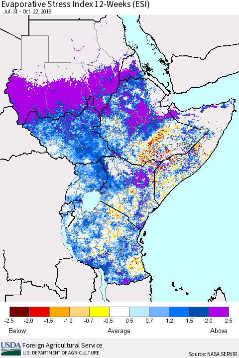 Eastern Africa Evaporative Stress Index (ESI), 12-Weeks Thematic Map For 10/21/2019 - 10/27/2019