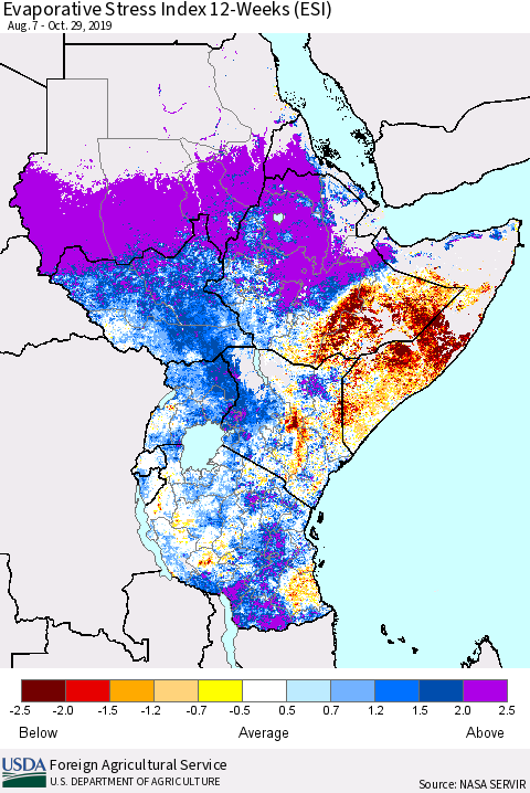 Eastern Africa Evaporative Stress Index (ESI), 12-Weeks Thematic Map For 10/28/2019 - 11/3/2019