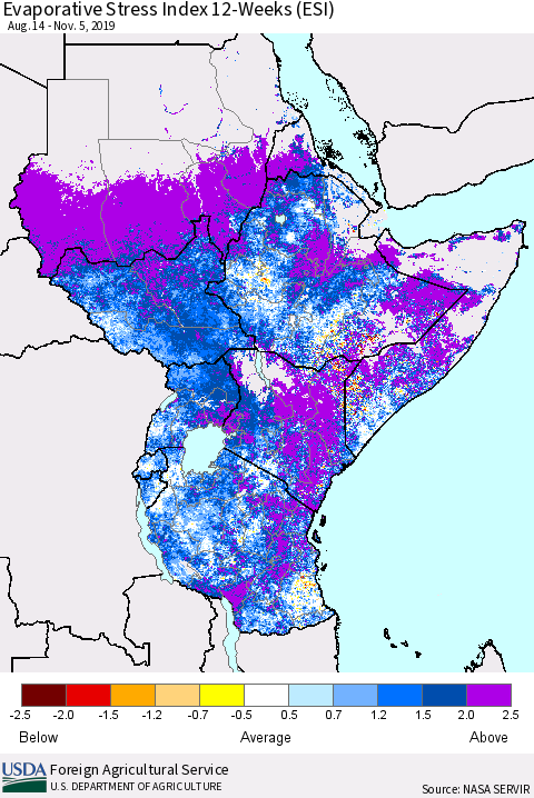 Eastern Africa Evaporative Stress Index (ESI), 12-Weeks Thematic Map For 11/4/2019 - 11/10/2019