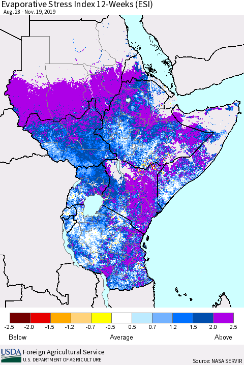 Eastern Africa Evaporative Stress Index (ESI), 12-Weeks Thematic Map For 11/18/2019 - 11/24/2019