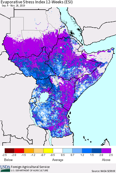Eastern Africa Evaporative Stress Index (ESI), 12-Weeks Thematic Map For 11/25/2019 - 12/1/2019