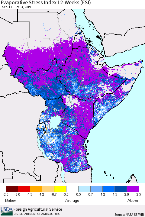 Eastern Africa Evaporative Stress Index (ESI), 12-Weeks Thematic Map For 12/2/2019 - 12/8/2019