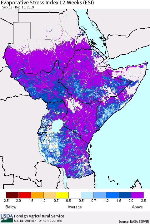 Eastern Africa Evaporative Stress Index (ESI), 12-Weeks Thematic Map For 12/9/2019 - 12/15/2019