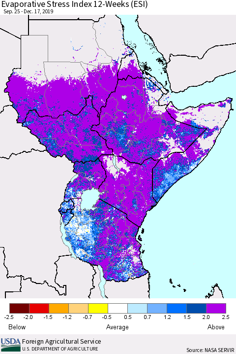 Eastern Africa Evaporative Stress Index (ESI), 12-Weeks Thematic Map For 12/16/2019 - 12/22/2019
