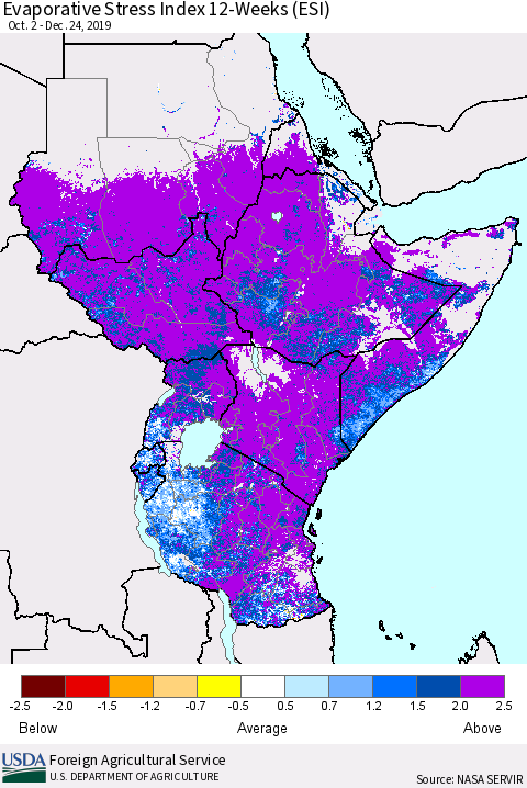 Eastern Africa Evaporative Stress Index (ESI), 12-Weeks Thematic Map For 12/23/2019 - 12/29/2019