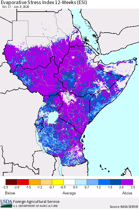 Eastern Africa Evaporative Stress Index (ESI), 12-Weeks Thematic Map For 1/6/2020 - 1/12/2020