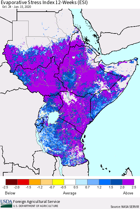 Eastern Africa Evaporative Stress Index (ESI), 12-Weeks Thematic Map For 1/13/2020 - 1/19/2020