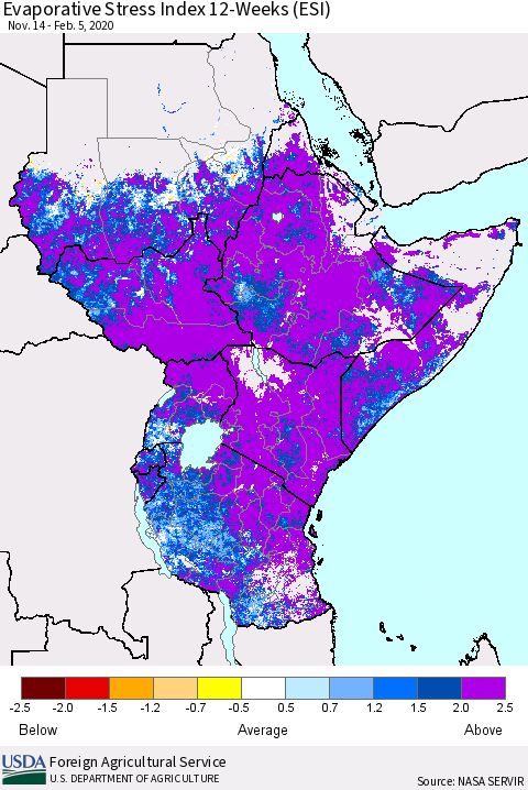 Eastern Africa Evaporative Stress Index (ESI), 12-Weeks Thematic Map For 2/3/2020 - 2/9/2020