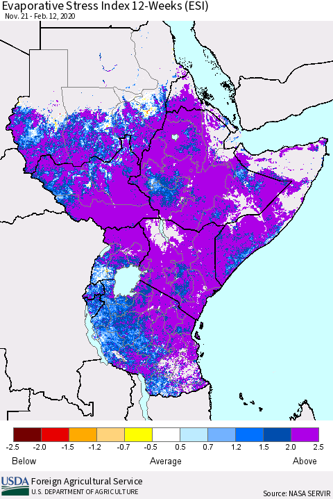 Eastern Africa Evaporative Stress Index (ESI), 12-Weeks Thematic Map For 2/10/2020 - 2/16/2020