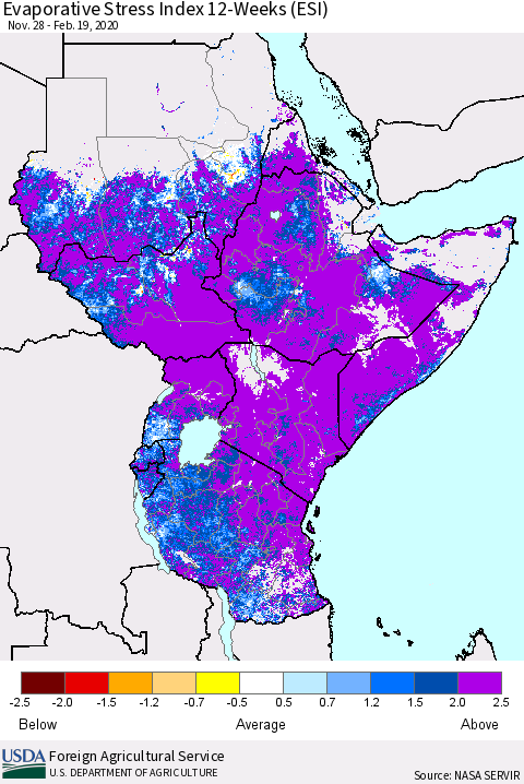 Eastern Africa Evaporative Stress Index (ESI), 12-Weeks Thematic Map For 2/17/2020 - 2/23/2020