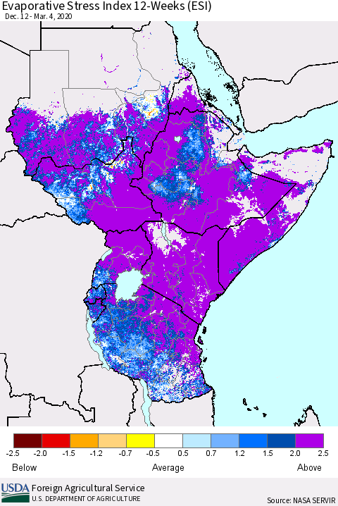 Eastern Africa Evaporative Stress Index (ESI), 12-Weeks Thematic Map For 3/2/2020 - 3/8/2020