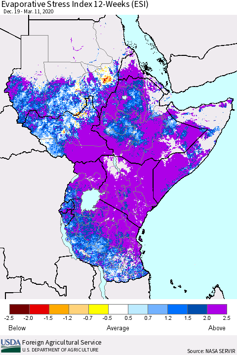 Eastern Africa Evaporative Stress Index (ESI), 12-Weeks Thematic Map For 3/9/2020 - 3/15/2020