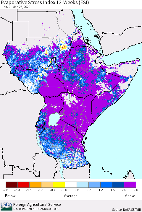 Eastern Africa Evaporative Stress Index (ESI), 12-Weeks Thematic Map For 3/23/2020 - 3/29/2020