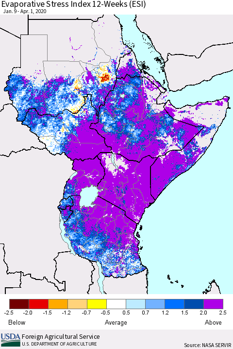 Eastern Africa Evaporative Stress Index (ESI), 12-Weeks Thematic Map For 3/30/2020 - 4/5/2020