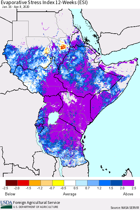 Eastern Africa Evaporative Stress Index (ESI), 12-Weeks Thematic Map For 4/6/2020 - 4/12/2020