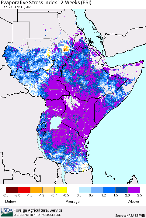 Eastern Africa Evaporative Stress Index (ESI), 12-Weeks Thematic Map For 4/13/2020 - 4/19/2020