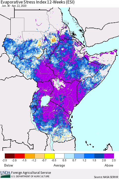 Eastern Africa Evaporative Stress Index (ESI), 12-Weeks Thematic Map For 4/20/2020 - 4/26/2020