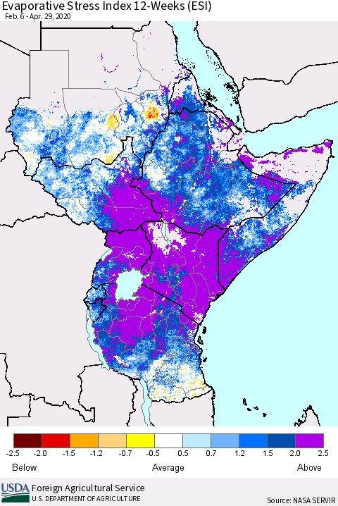 Eastern Africa Evaporative Stress Index (ESI), 12-Weeks Thematic Map For 4/27/2020 - 5/3/2020